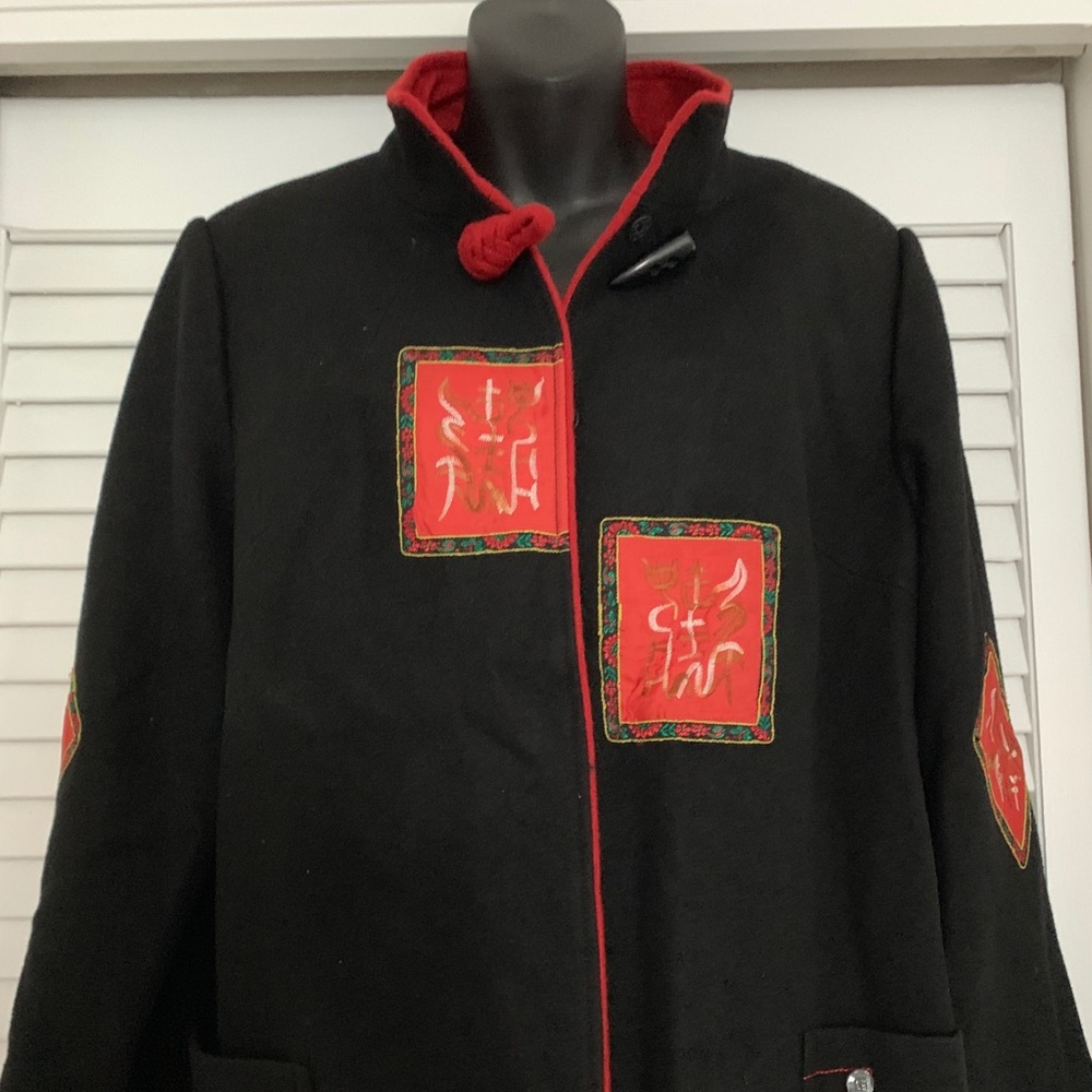 Wool Coat Black with Red Patches